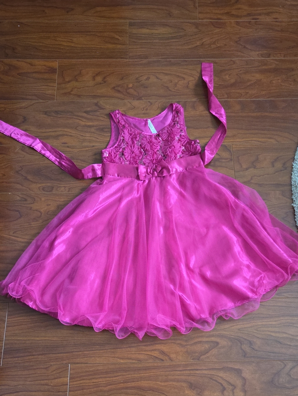 Cherokee Fuchsia Floral Bodice Tulle Party Dress with Sash